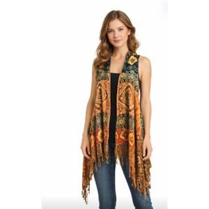 Pashmina -style Geometric Colorful  vest fringed hem Boho one size